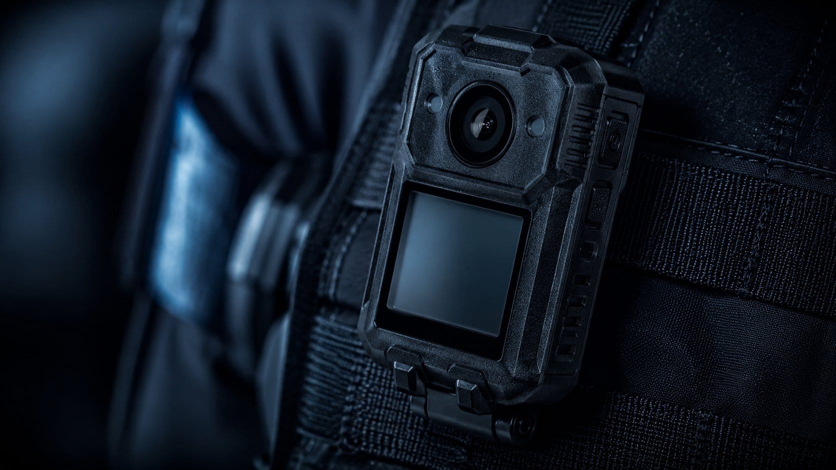 Body worn camera mounted on a security officer's tactical vest — Vanguard, Seven Sectors Saudi Arabia