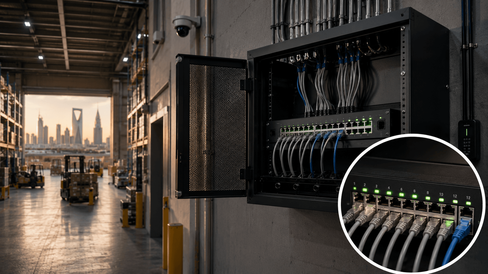 AETEK industrial PoE switch installed in a network cabinet powering a warehouse camera and access reader in Saudi Arabia, with Riyadh skyline visible in the background