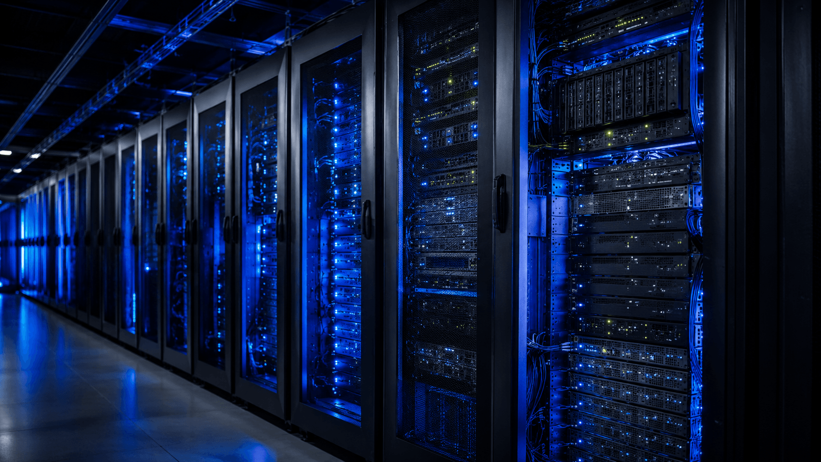 Rasilient surveillance server racks with electric blue LED lighting — NFD storage servers distributed by Seven Sectors in Saudi Arabia
